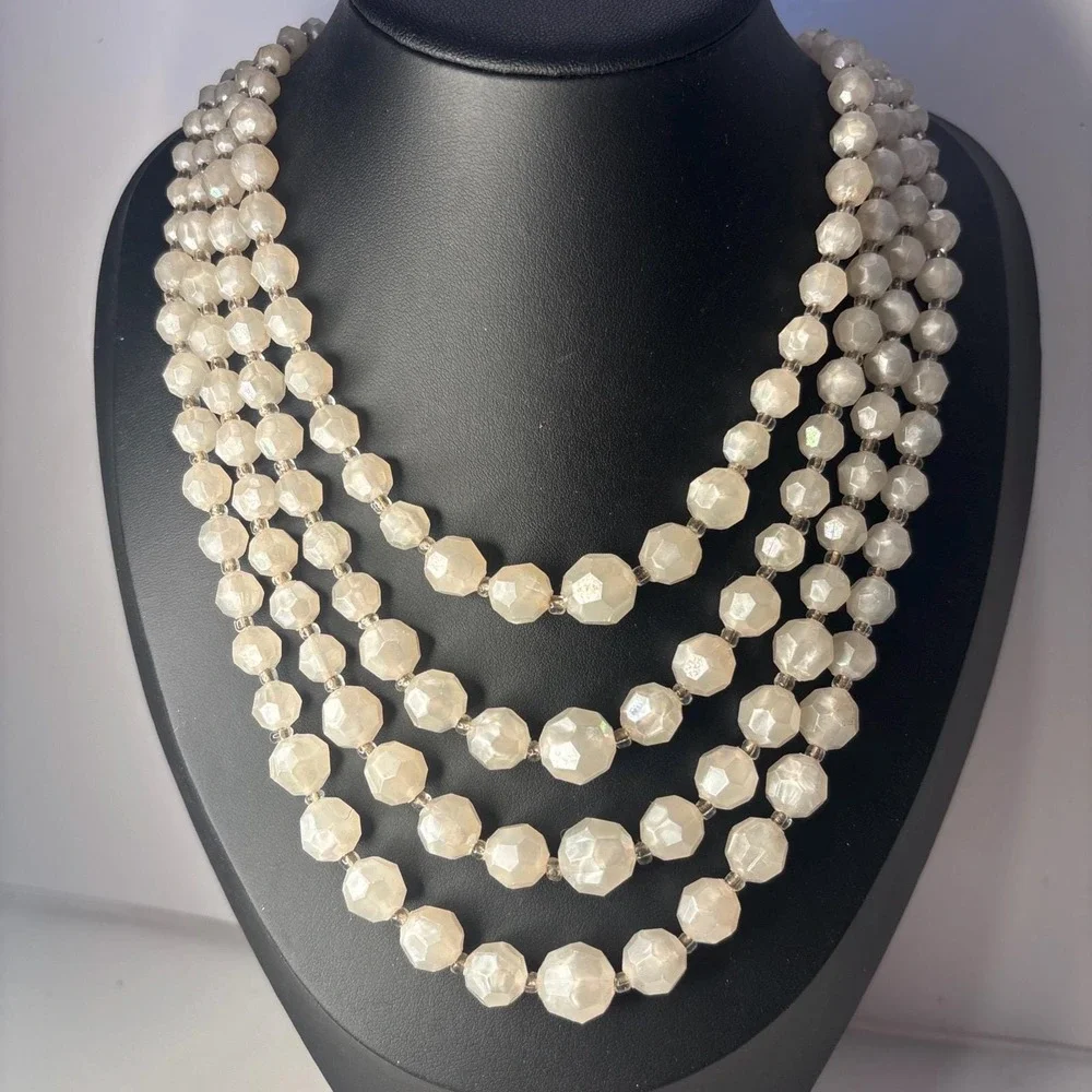 Vintage 4 Strand AB Faceted Faux Pearl Lucite Bead Necklace Adjustable 18